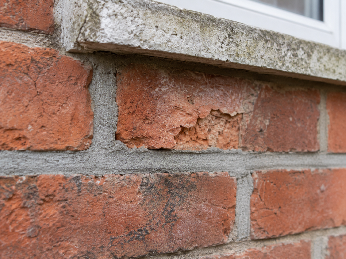 Older red brick beside a hard grey cement joint, with a small area of flaking brick face illustrating incompatible pointing.
