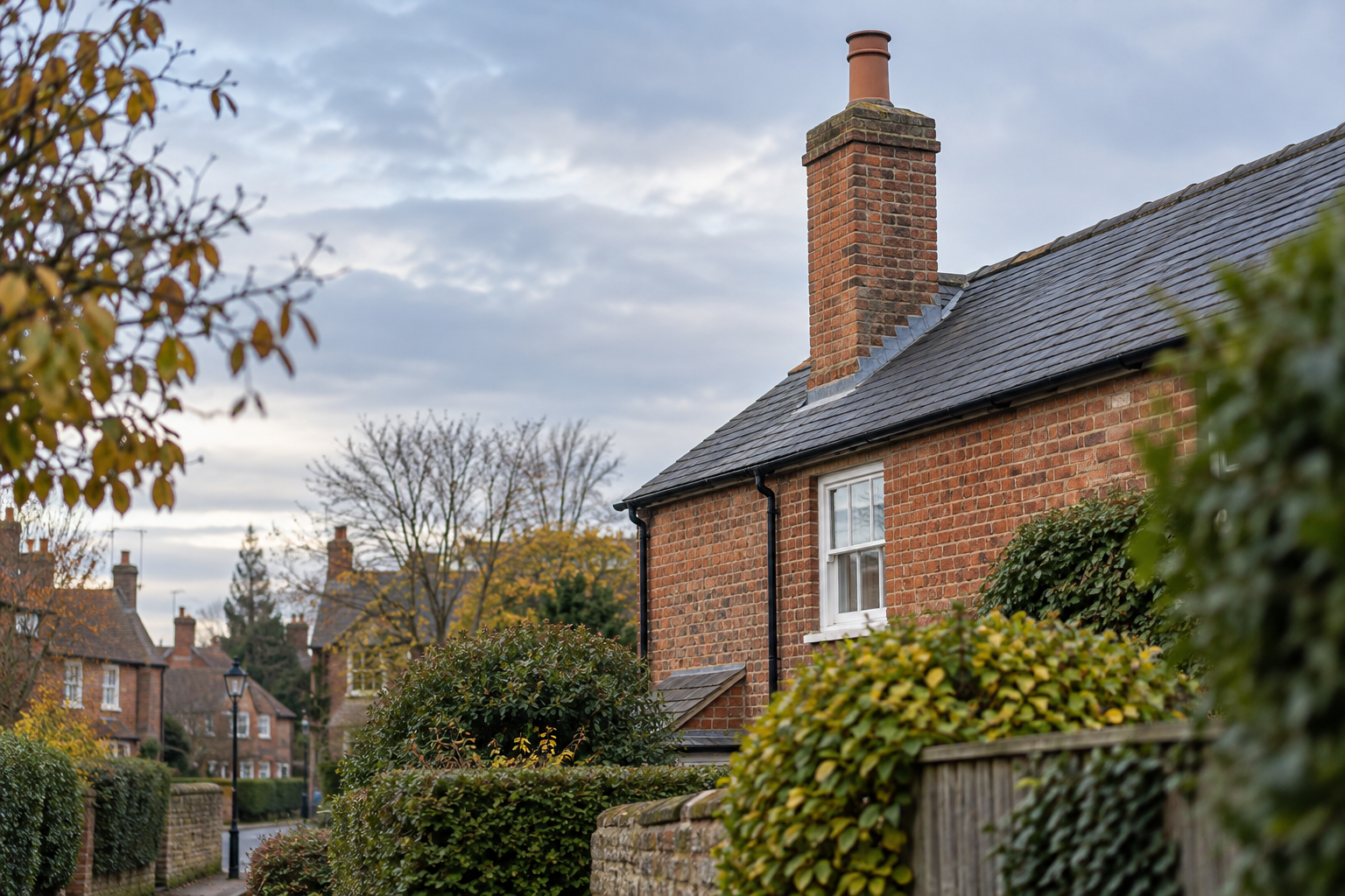 Traditional brick chimney stack viewed from a Northampton garden path against a cool late-autumn sky.