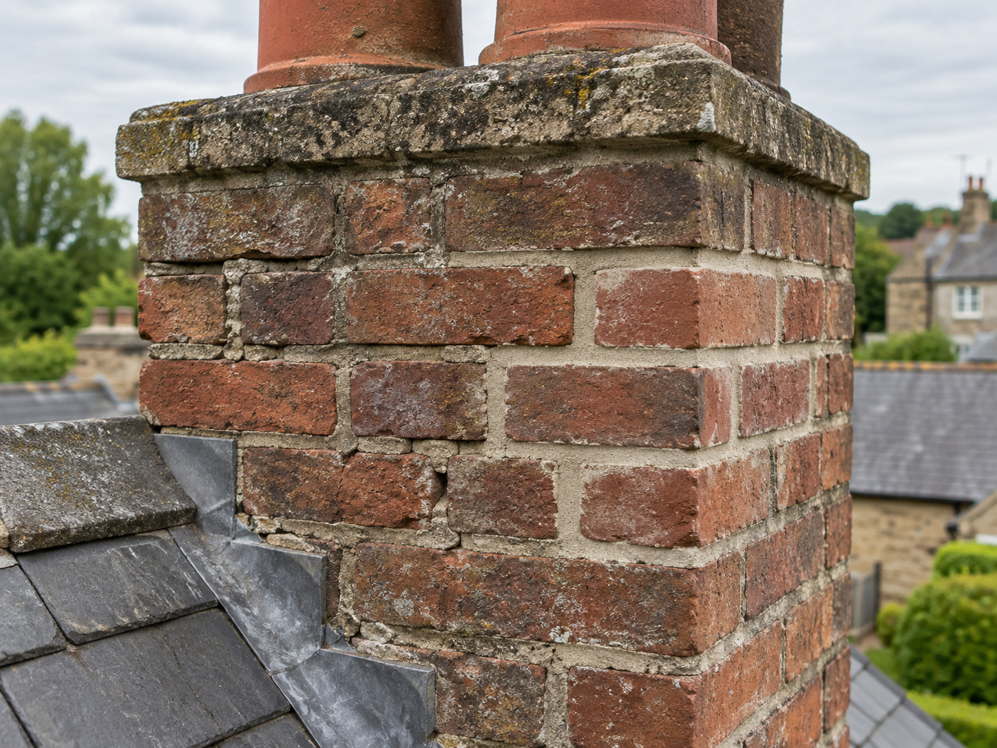 Close view of weathered chimney brickwork with open mortar joints and a small area of compatible masonry repair.