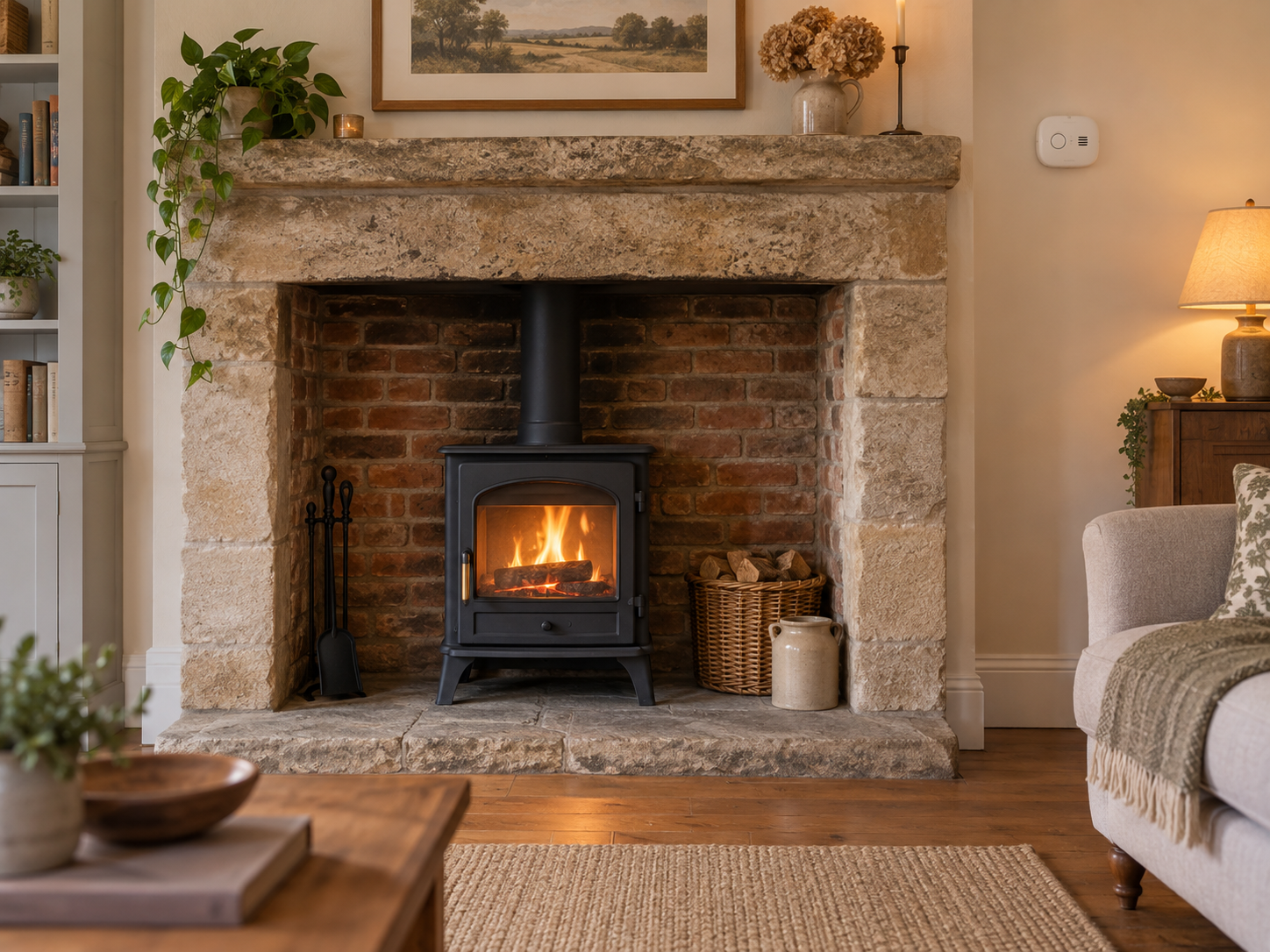 Wood-burning stove set within a traditional masonry fireplace with a carbon-monoxide alarm visible on the nearby wall.
