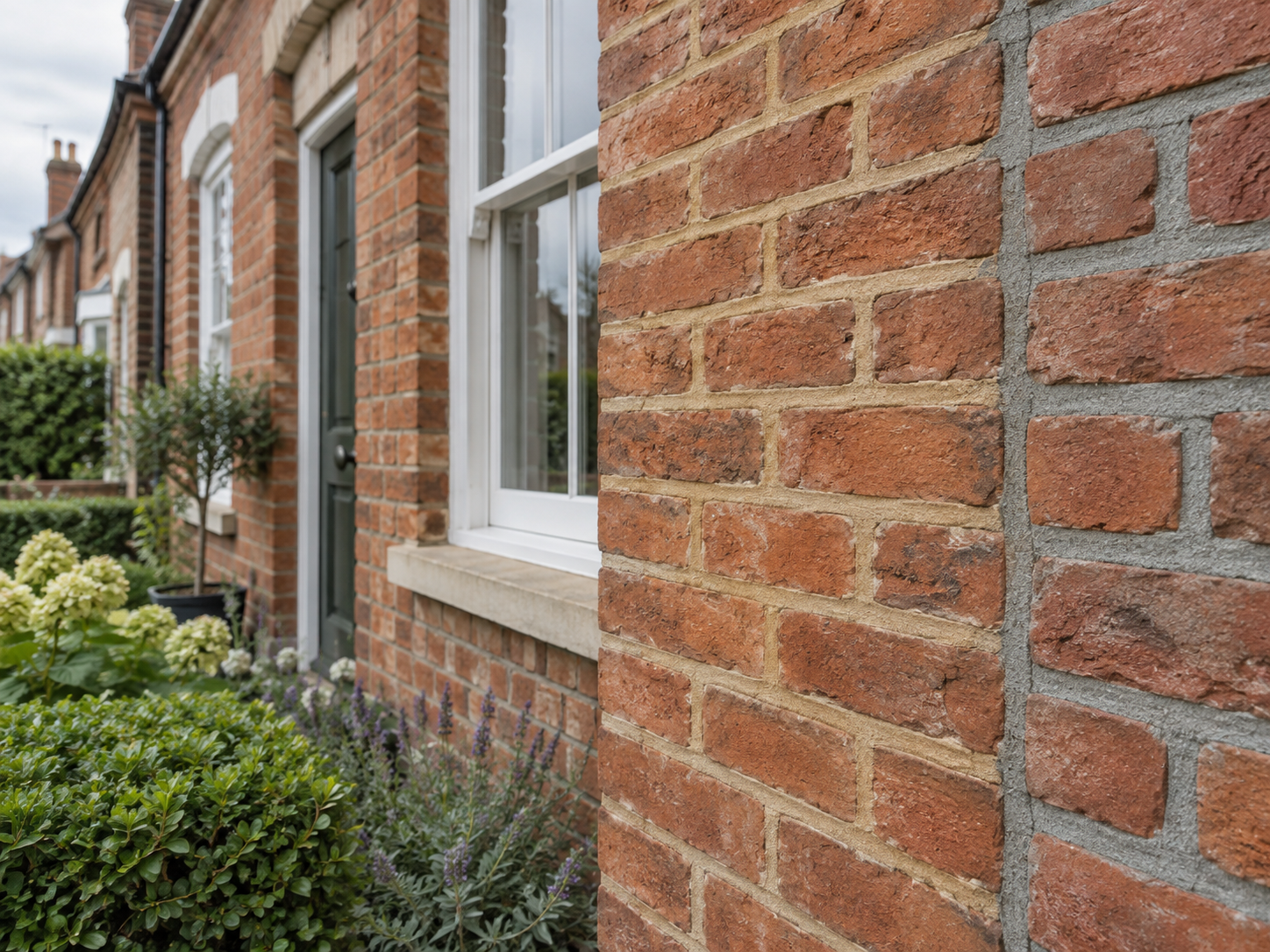 Traditional red-brick Northampton-style terrace showing weathered brickwork with compatible warm lime mortar joints and a small neutral cement-mortar comparison area.