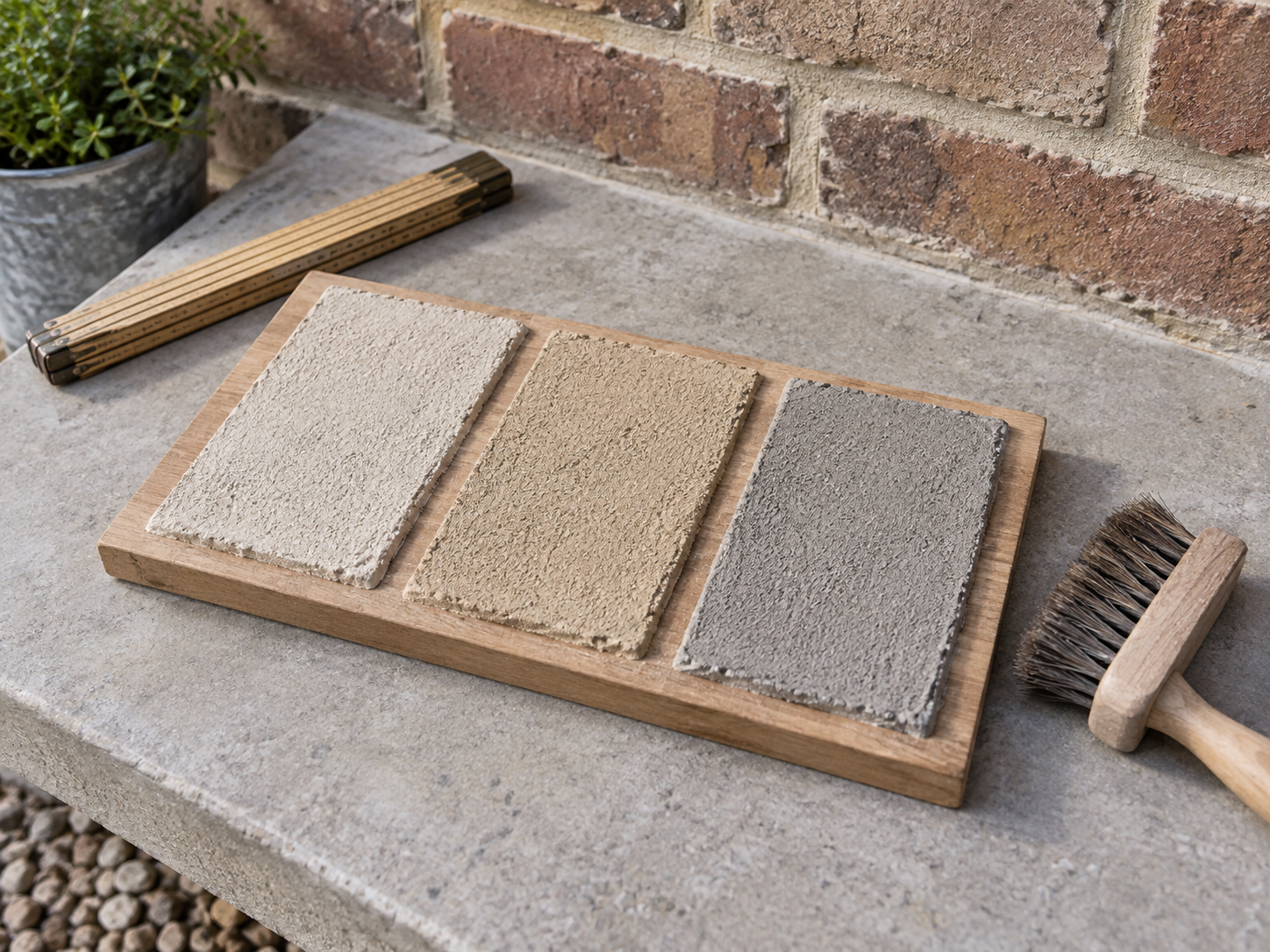 A small mortar test board with three unlabelled sample panels in cream, buff and grey beside a plain brick wall.