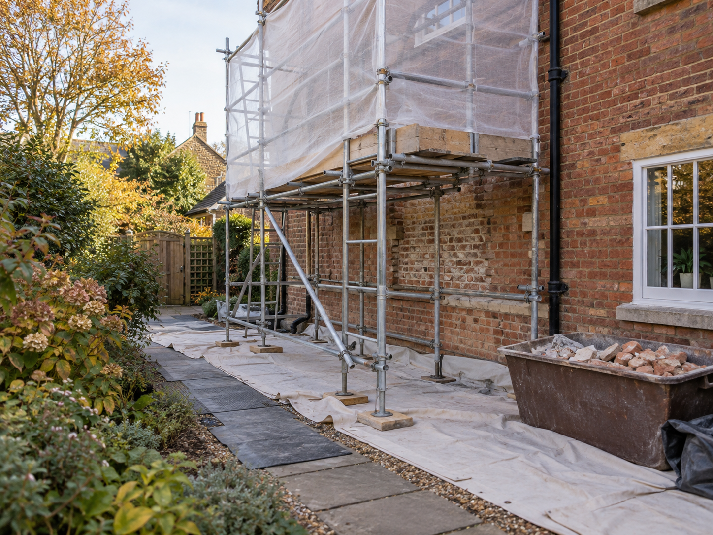 Older brick house with carefully arranged access scaffolding and protective sheeting around a small repointing work area.