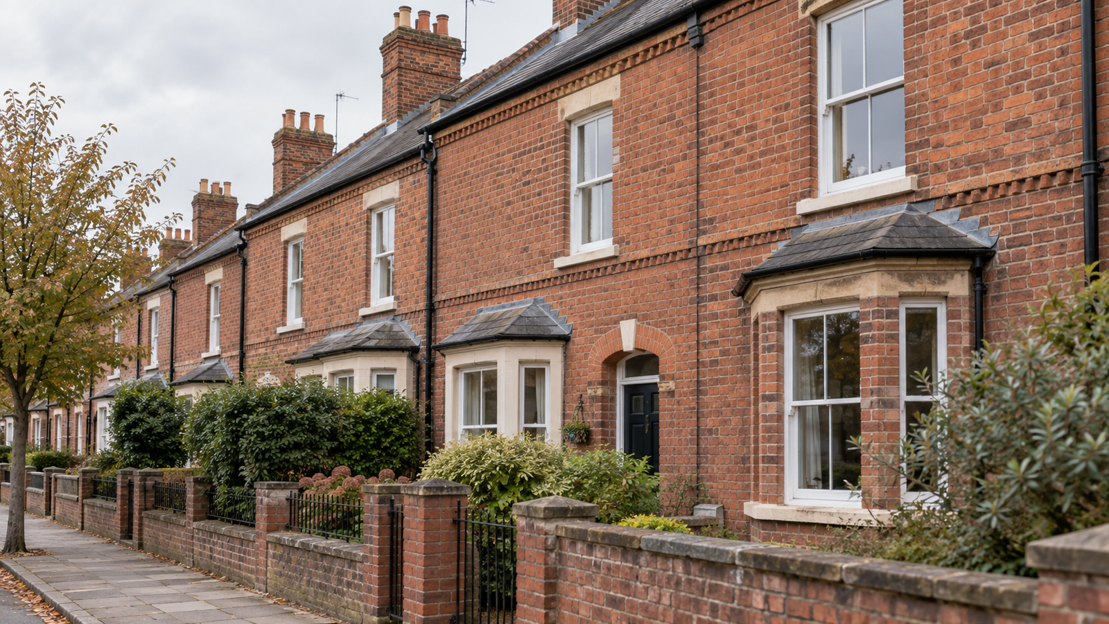 Traditional Northampton brick terrace with varied weathered mortar joints along a quiet residential street.