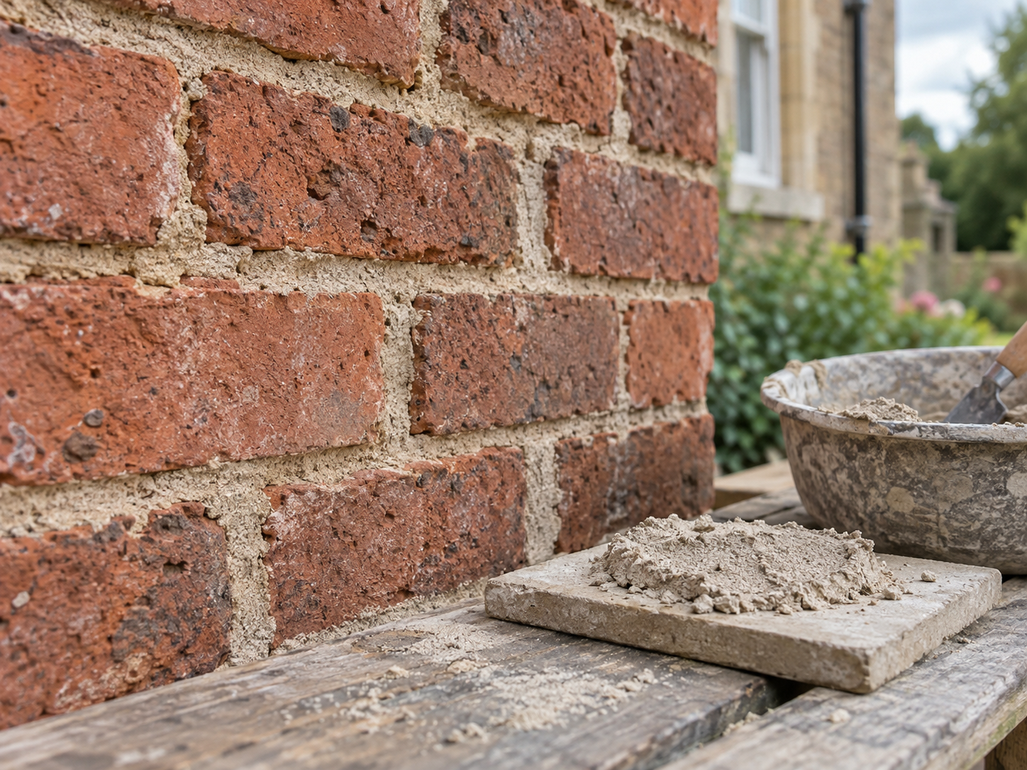 Historic brick and softer mortar joints shown in close detail beside a sample of compatible repair mortar.