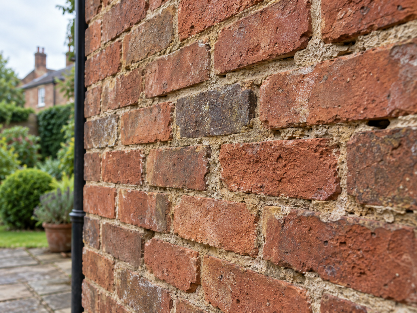 Close ground-level view of weathered red brickwork with open and sandy mortar joints on an older Northampton-style wall.