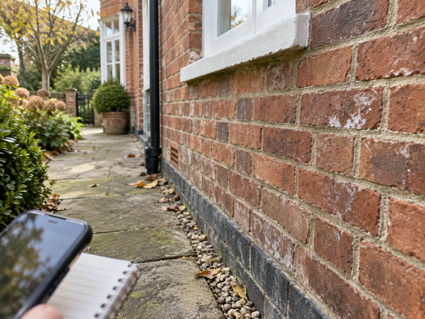 Ground-level view of a Northampton brick wall beside a garden path, with a notebook and phone used for a safe visual inspection.