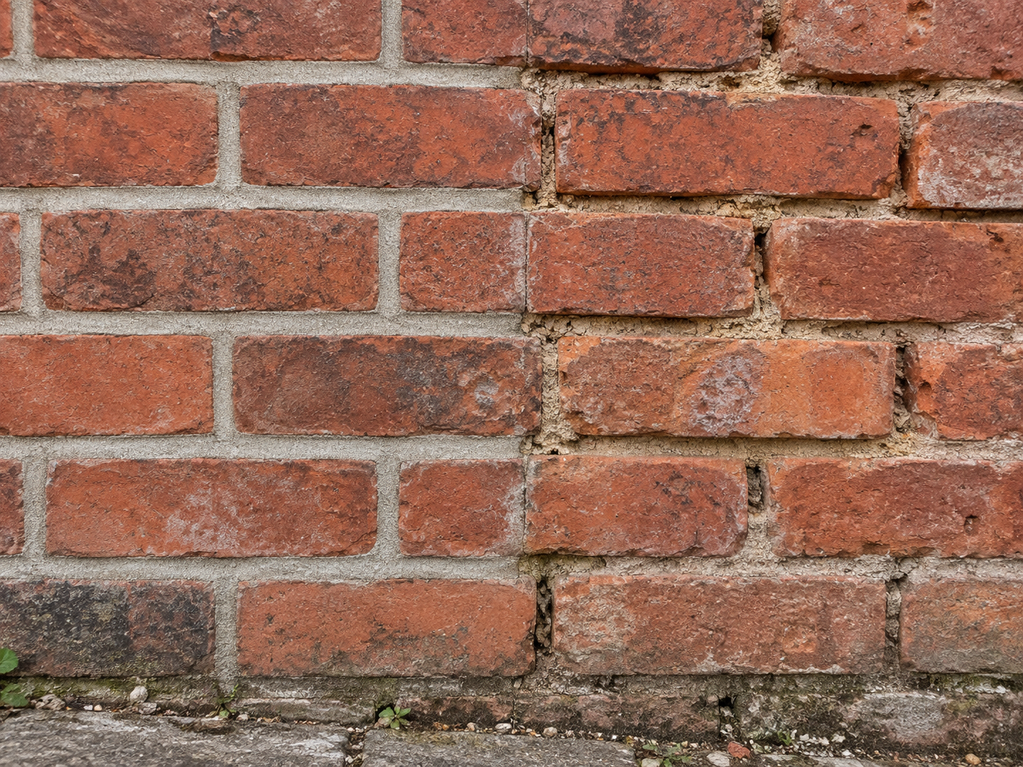 Close view of red brickwork with mostly sound mortar beside a smaller area of recessed and sandy weathered joints.