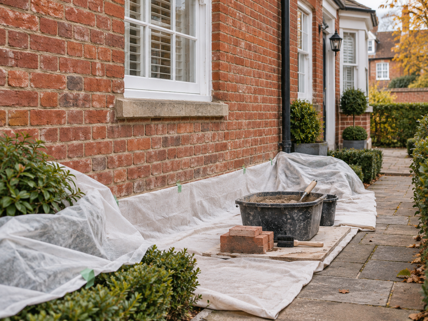Protected ground-level repointing work area beside an older brick house, with breathable sheeting covering the path and planting.